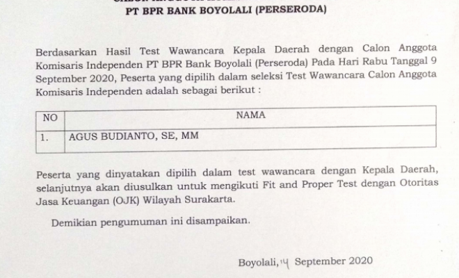 Hasil Seleksi Ujian Test Wawancara Calon Anggota Komisaris Independent PT BPR BANK BOYOLALI ( PERSER...